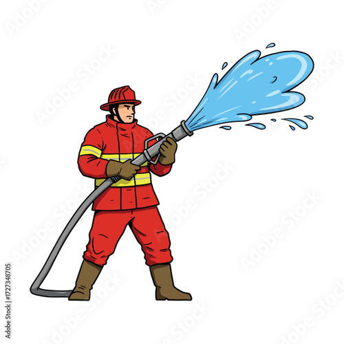 Cartoon illustration of a firefighter in full uniform holding a fire hose and spraying a powerful stream of water.