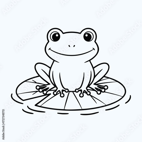 A cheerful frog sitting on a lily pad in a serene water setting, radiating joy and tranquility in nature.