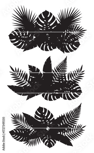 Collection of three black silhouette tropical leaf arrangements with distressed texture isolated on transparent background