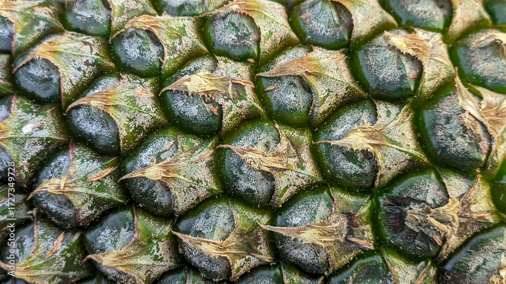 Fototapeta premium Abstract texture of pineapple skin. Close-up background of pineapple skin, natural tropical pattern. Patterned fruit banner.