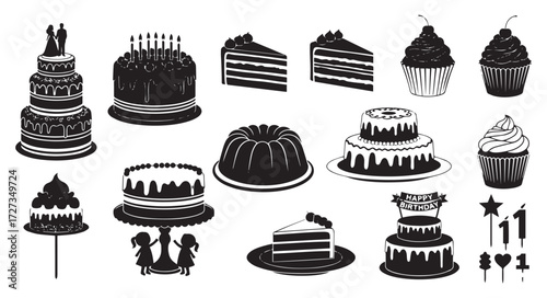 Collection of hand drawn black and white illustrations of various cakes and desserts isolated on transparent background