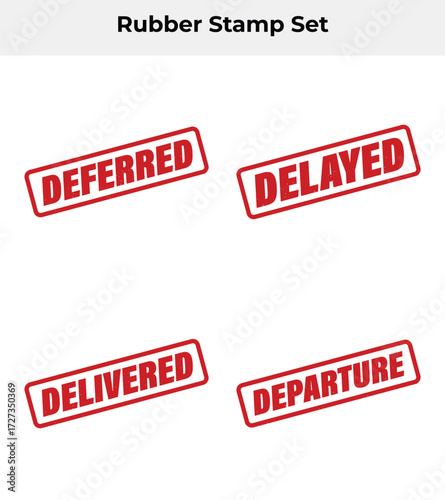 Set of Rectangular Rubber Stamps with Inscriptions in Red on White Background