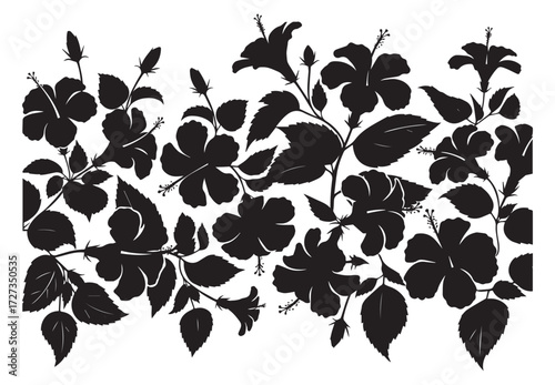 Silhouette of a lush floral arrangement featuring hibiscus and lily flowers with leaves isolated on transparent background
