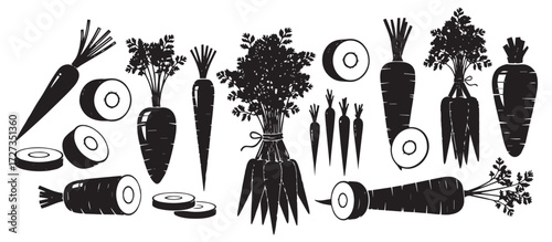 Collection of hand drawn black silhouette carrots with green tops and slices isolated on transparent background