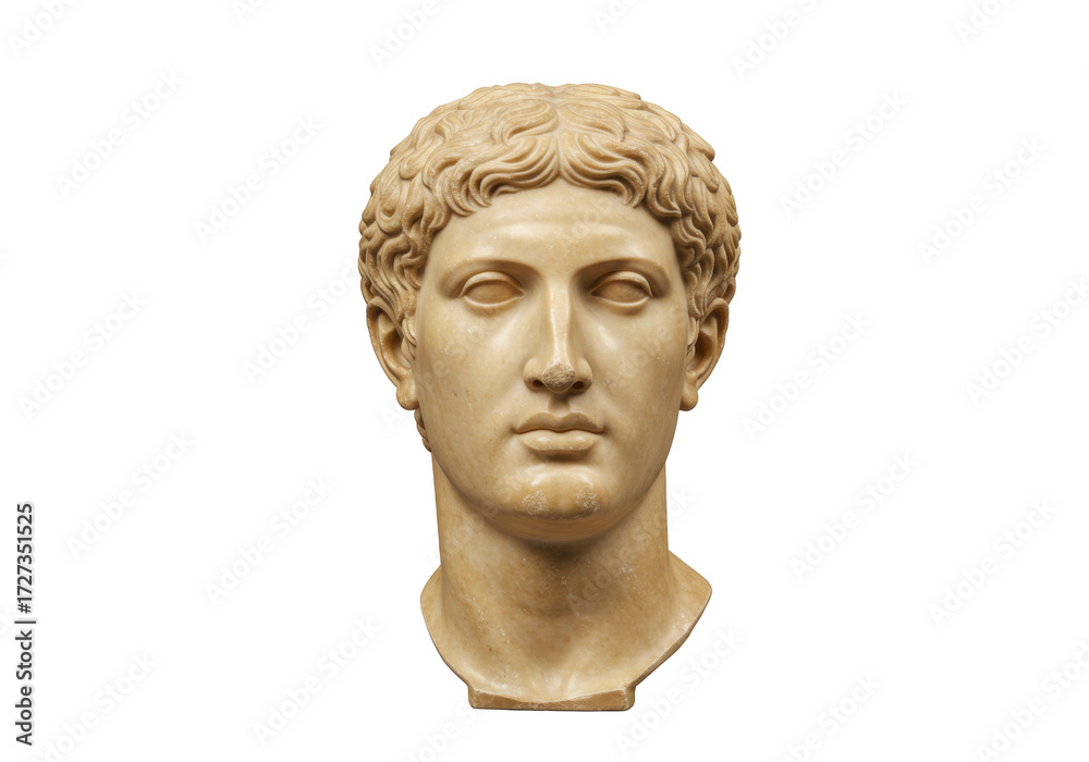 Obraz premium Isolated bust of a Roman youth, marble sculpture of a young man with curly hair ancient art