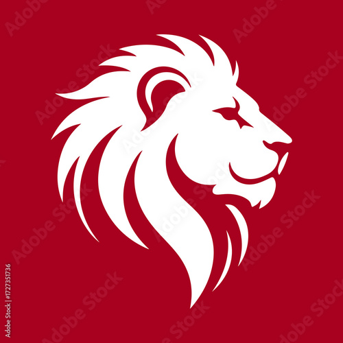 A bold white lion head icon on a red background. A striking and powerful symbol of a wild animal, representing strength, pride, and nobility.