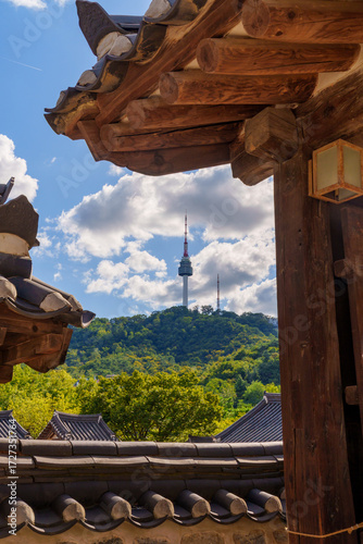 Wallpaper Mural Namsangol Hanok Village and Seoul Tower Seoul's landmarks include a well and an ancient pavilion with a clear view of Seoul Tower. Torontodigital.ca