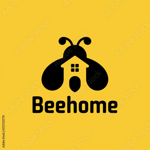 A creative bee and house combination logo design on a yellow background. A sweet and friendly concept for real estate, home building, or community services.