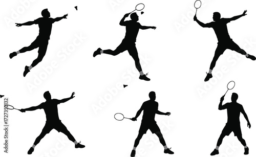 Badminton player silhouettes vector illustration showing dynamic sports poses with racket and shuttlecock, athletic action design for fitness, competition, training
