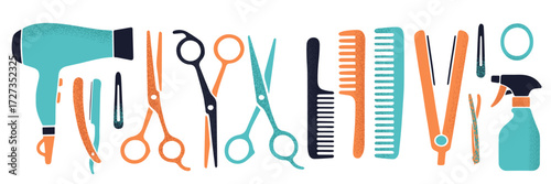 Barbershop decorative set with various tools. In texture style. vector