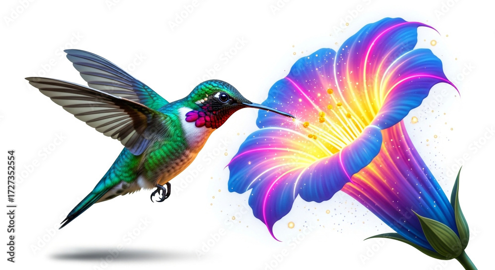 Obraz premium A colorful hummingbird approaches a glowing flower, its wings spread wide in anticipation, ready to drink the sweet nectar, isolated on white background