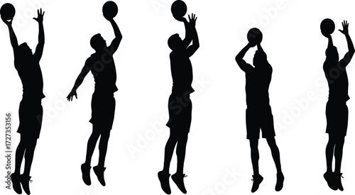 Basketball player silhouette shooting jump shot, dynamic motion, athletic action pose, sports vector illustration for training, coaching, and design use