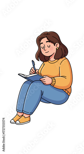 Illustration of a young woman comfortably seated, engaged in journaling, writing, or studying, embodying focused creativity