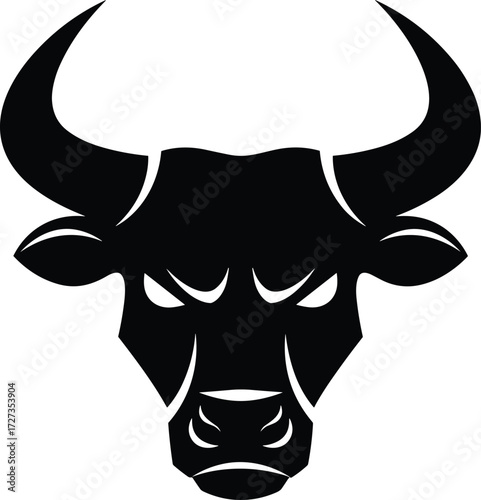 Bull head silhouette, black and white bull, fierce animal icon, strong horned profile, stylized vector design, sports logo, tattoo graphic