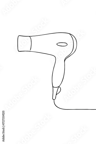 Hair dryer illustration in minimalist black line art style on white background. Ideal for beauty tutorials, salon branding, or appliance instruction manuals