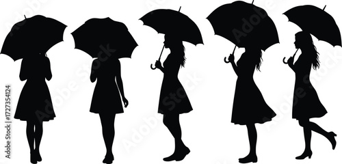 Black silhouette woman holding umbrella in various standing and walking poses, fashion dress, rainy day concept, elegance, movement, vector illustration