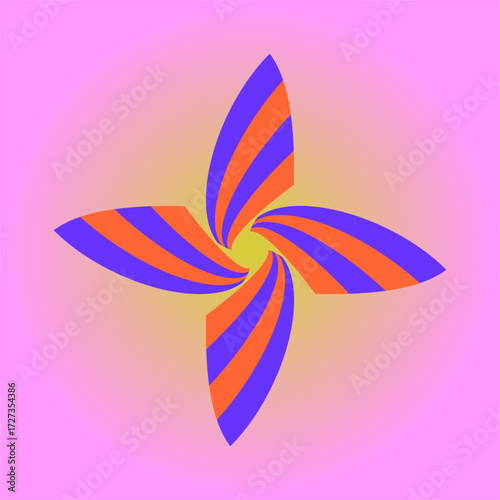 Four striped petals swirl outward in orange and violet, converging at a glowing core, symbolizing energy, vibrance, transformation, balance, and flow.