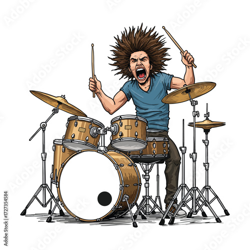 Illustration of an energetic rock drummer with wild spiky hair, shouting as he plays a full drum set on a white background.
