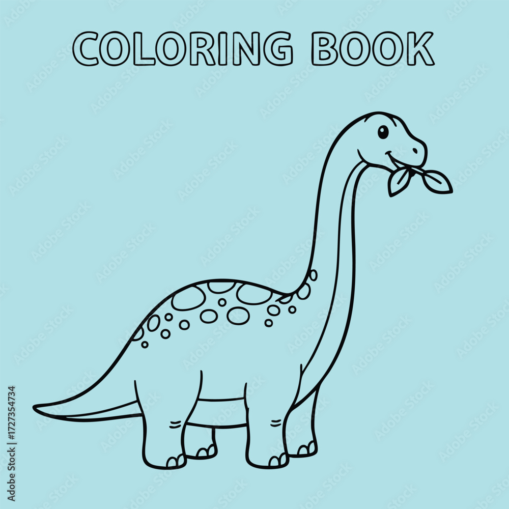 Naklejka premium A playful dinosaur character designed for a coloring book, featuring a friendly expression and a leaf in its mouth.