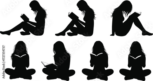 Black silhouette woman reading book in various sitting positions, cross legged, side view, front view, leisure study, education concept illustration