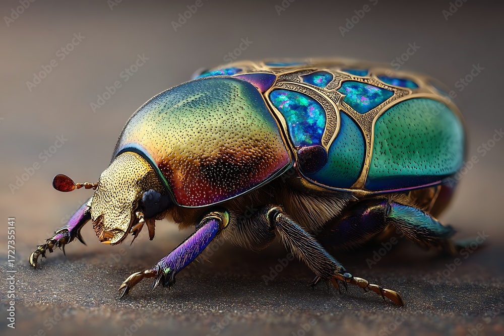 Naklejka premium Jewel scarab beetle with shimmering opal gemstone shell in sunlight macro detail