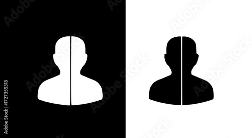 Silhouette of a person's head and shoulders, split in half, with contrasting black and white backgrounds.