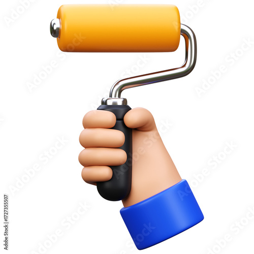 Hand Holding Orange Paint Roller Tool on Transparent Background