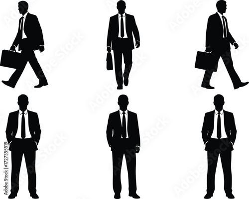 Businessman silhouette walking and standing, professional posture, formal suit, briefcase, corporate style, black vector illustration for animation, design, and modeling