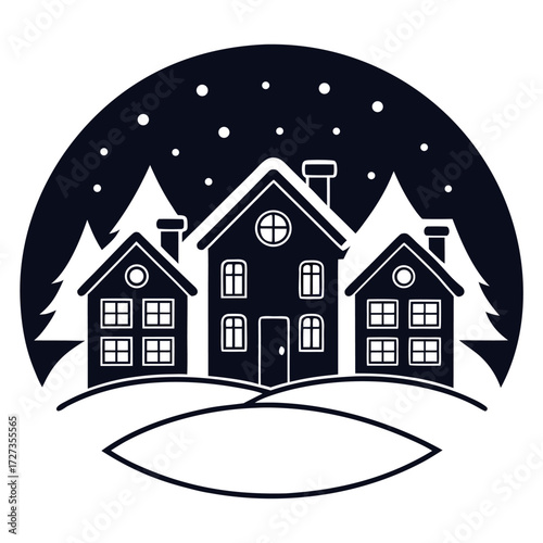 Black Colour snow village Vector Illustration, Solid White Background (3).eps
