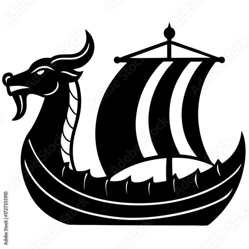 Illustration of a viking ship with a dragon head, a symbol of norse mythology and seafaring culture
