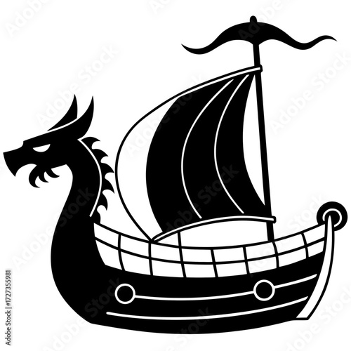 Illustration of a black viking ship with a dragon head, perfect for tattoo art