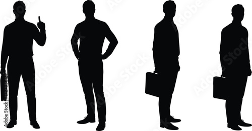 Businessman silhouette with briefcase in professional poses, corporate concept, office worker standing gesture, leadership, career success, vector illustration design