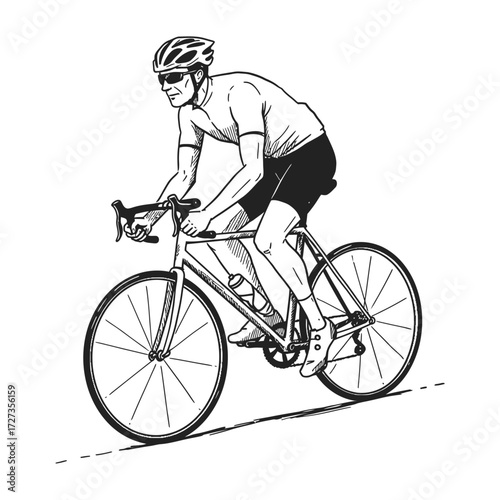 A black and white line drawing of a male cyclist wearing a helmet and sunglasses riding a road bike uphill.