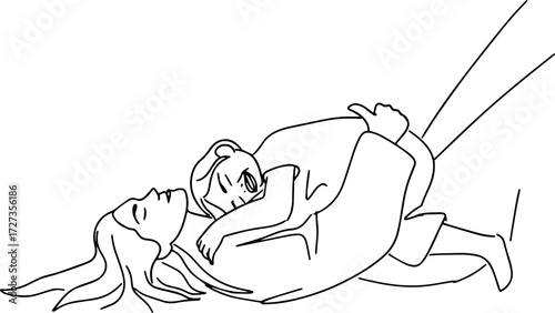 Hand-drawn illustration in line art style with a mother and child falling asleep on her.