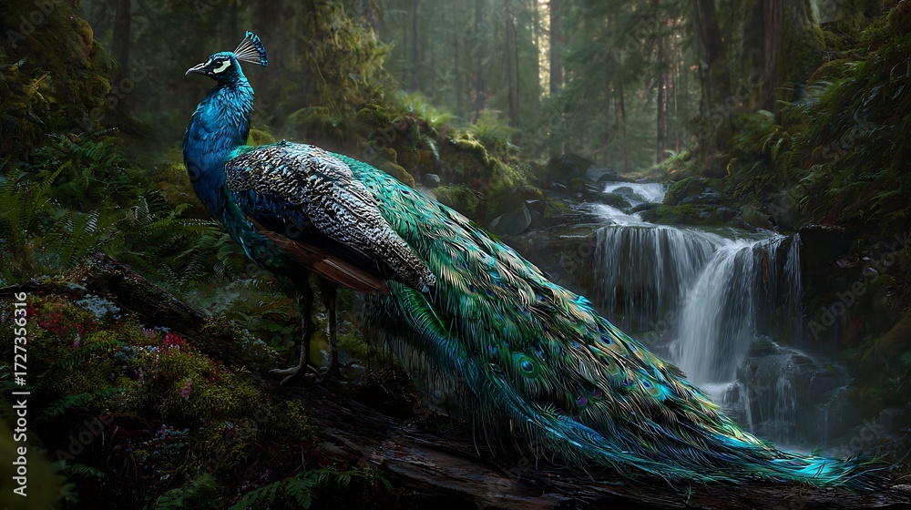 Obraz premium Surreal peacock with a flowing waterfall tail in lush green forest
