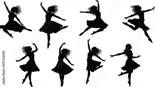 Black silhouettes of female dancers performing ballet and contemporary dance poses in flowing dress, graceful movement vector illustration for art and design