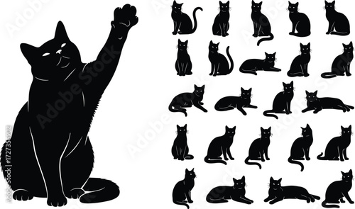 Cat silhouette illustration, black and white feline poses, sitting standing lying cats, animal behavior art, pet movement design, domestic cat collection