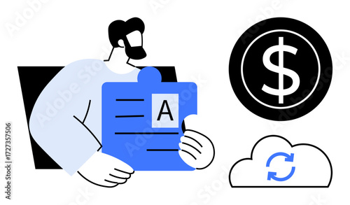 Man holding puzzle piece icon with text, black dollar coin, cloud icon with sync arrows. Ideal for finance, content management, cloud storage, synchronization, problem-solving, software development