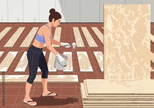 Woman in a focused mood working on a construction project against an indoor background