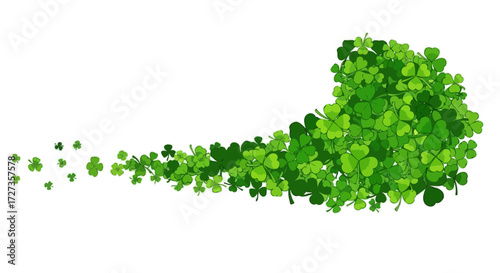 Flying clovers in an abstract style in green colors representing luck and nature against a white background