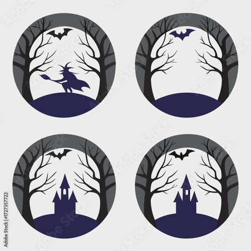 Halloween Silhouettes, Spooky Witch, Bat, Castle & More Vector Set (2).eps