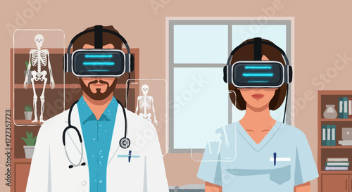 Doctors in VR headsets viewing augmented reality skeletons in a clinic.