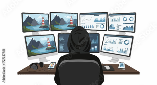 Hooded person sitting at a desk with six monitors displaying graphs and landscapes on a white background.