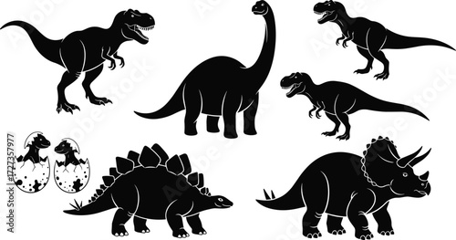 Dinosaur silhouette collection, black and white prehistoric illustration, T-rex Triceratops Stegosaurus Brachiosaurus poses, hatching eggs artwork, educational dino design, ancient creature concept