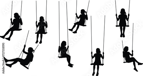 Children playing on swings silhouette under tree, joyful outdoor recreation vector illustration showing childhood fun, nature activity, happiness, and family lifestyle