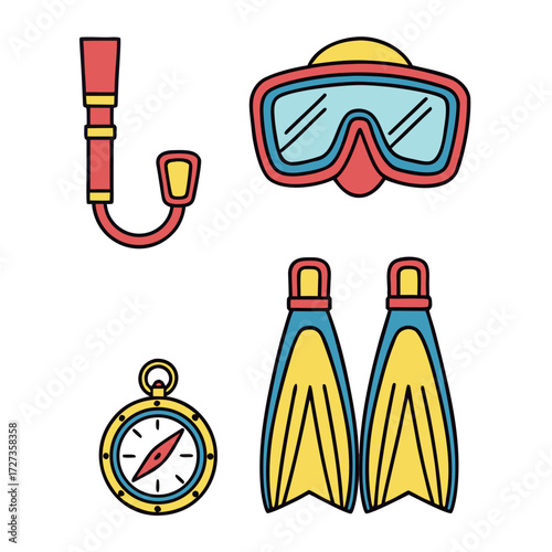 Snorkel & Dive Mask Icons, Underwater Adventure Gear Vector Set (3).eps
