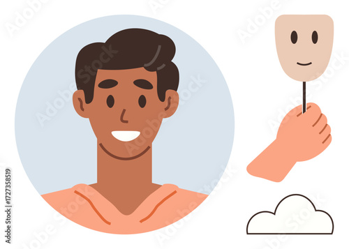 Smiling person beside a hand-held mask and a cloud shape. Ideal for identity, emotions, self-expression, mental health, honesty, concealment, and personal growth concepts. Simple flat metaphor