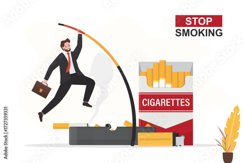 Confident man pole vault and jumping over smoking addiction. Full cigarette pack, ashtray with butts. Bad habit, stop unhealthy lifestyle. Quit smoking motivation banner