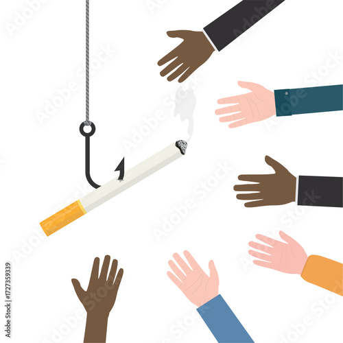 Smoldering cigarette on hook, various multi ethnic hands want catching cigarette butt. Cigar with smoke like bait for smoker. Tobacco smoking addiction, social issues.