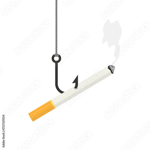 Smoldering cigarette on fish hook. Cigar with smoke like bait for smoker. Cigarette butt. Tobacco smoking addiction, social issues. Bad habits, unhealthy lifestyle.